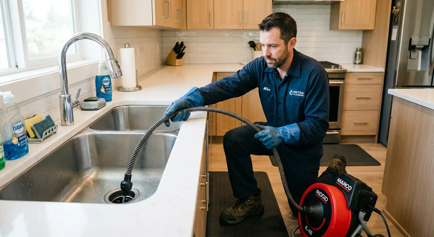 Drain cleaning technician using a motorized snake on a kitchen sink in Berwyn