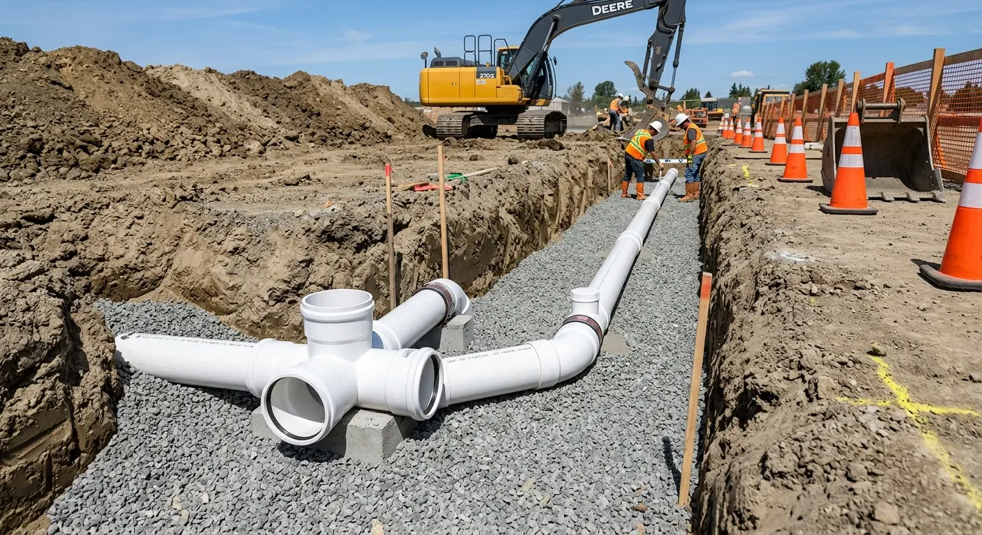 New PVC sewer pipe installation in open trench for Commercial Drain Cleaning in Berwyn