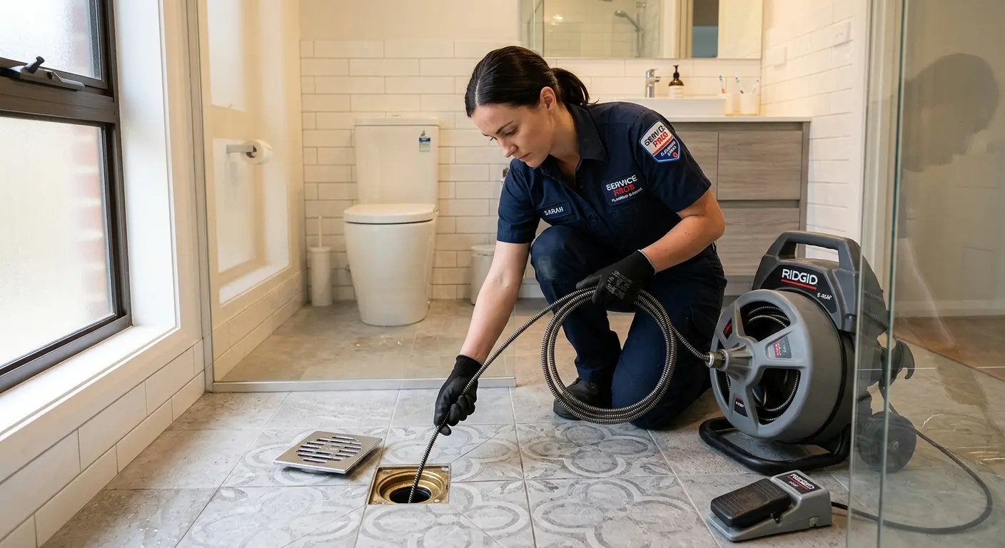 Technician clearing a bathroom floor drain for Clogged Drain Repair in Berwyn